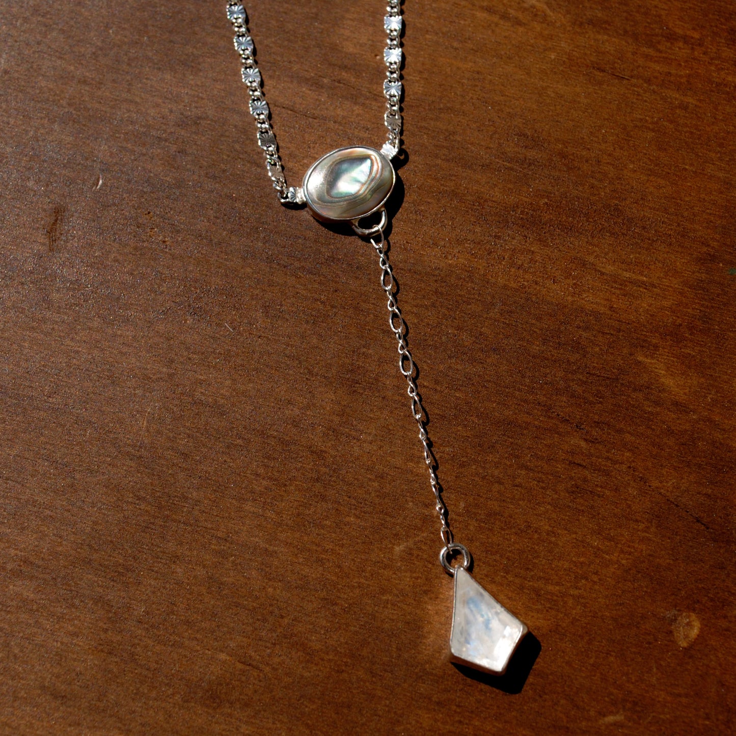Abalone and Moonstone Lariat Necklace