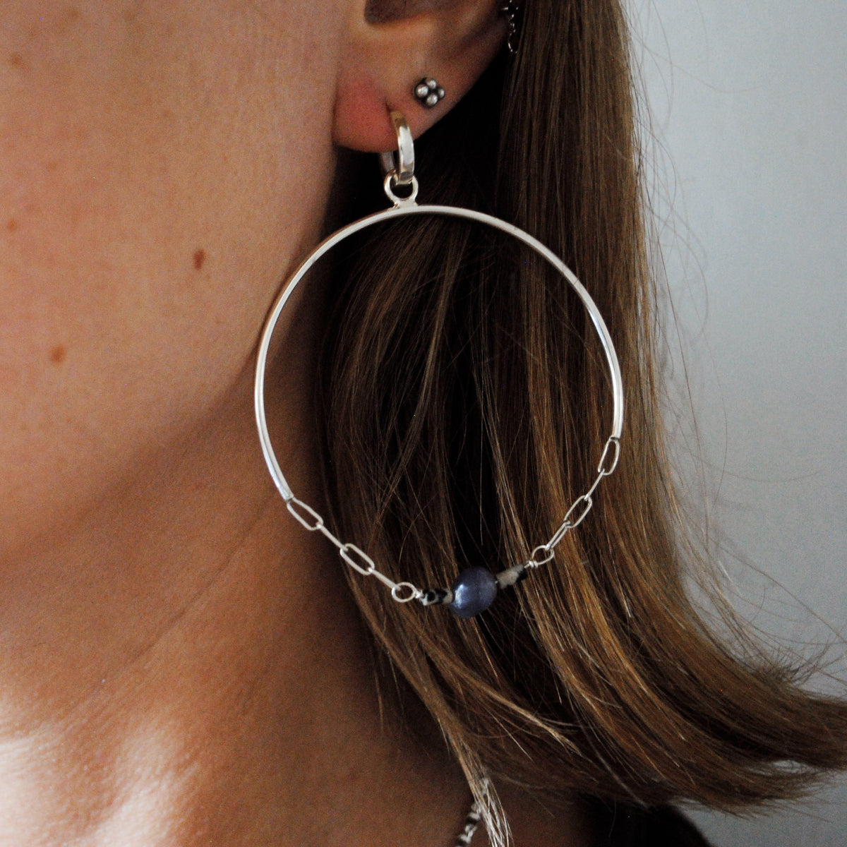 Celestite and Dalmatian Jasper Chain Hoops