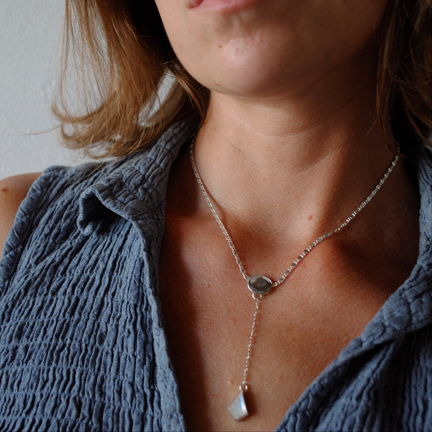Abalone and Moonstone Lariat Necklace